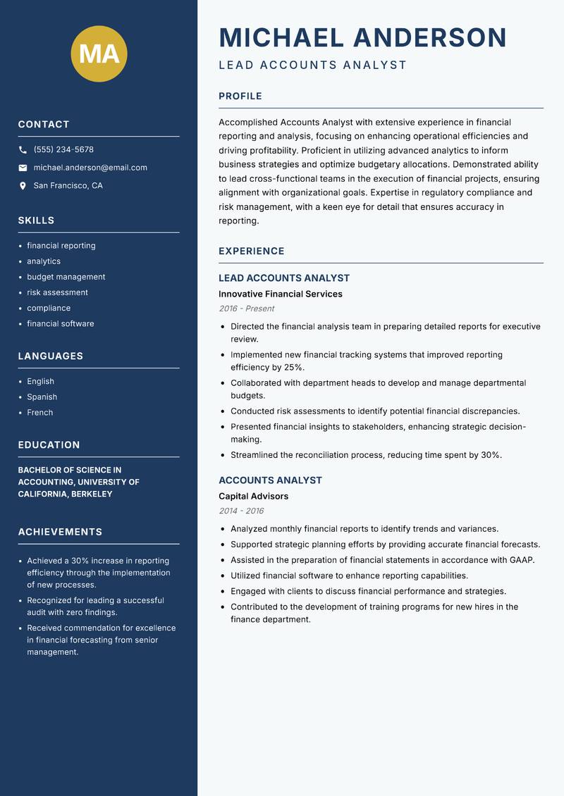 Accounts Analyst resume sample — Lead Accounts Analyst focus