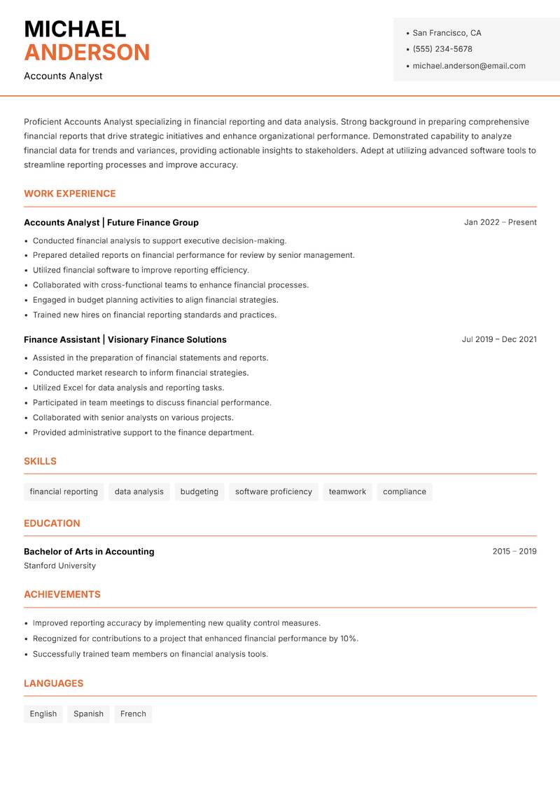 Accounts Analyst resume sample — Accounts Analyst focus