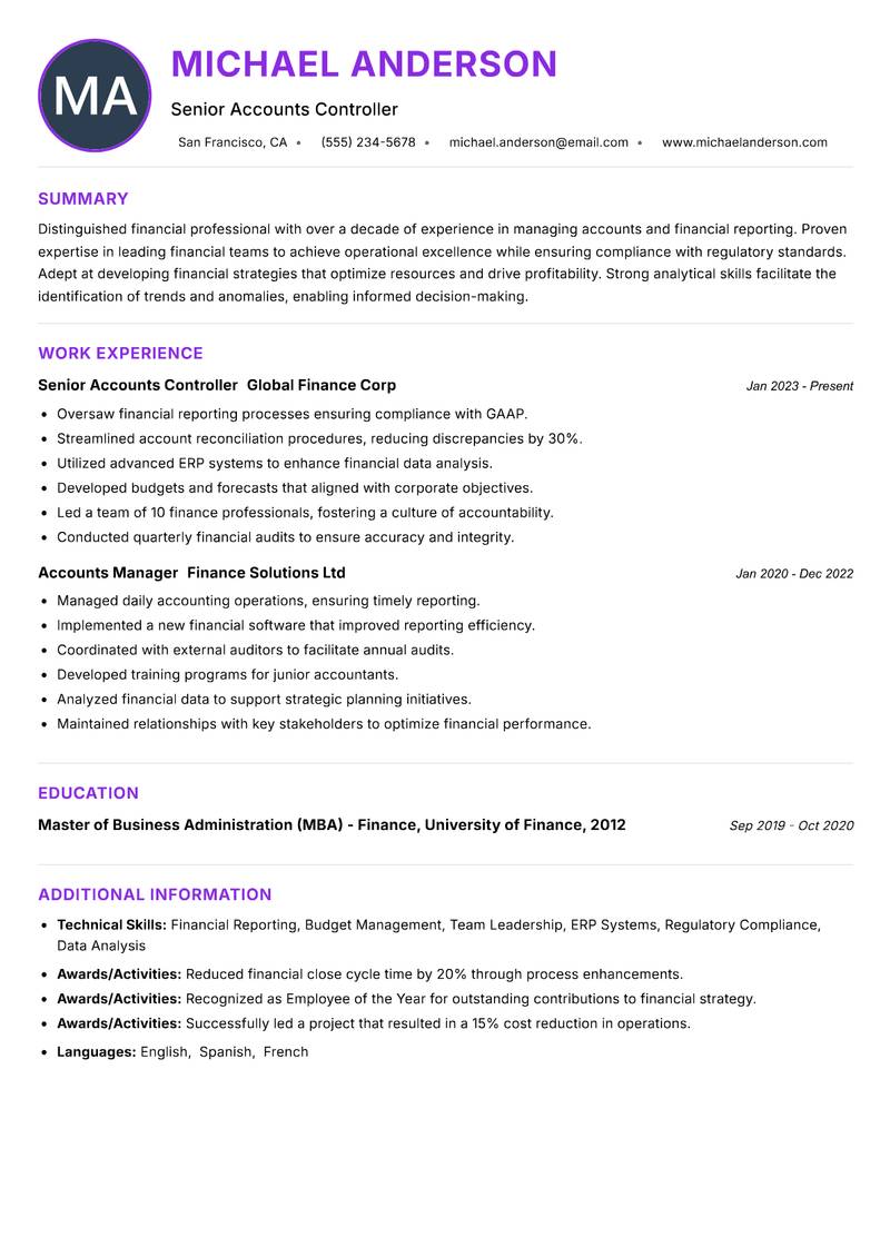 Accounts Controller resume example