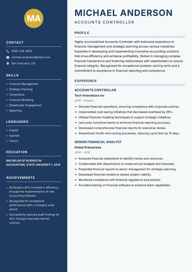 Accounts Controller resume sample — Accounts Controller focus