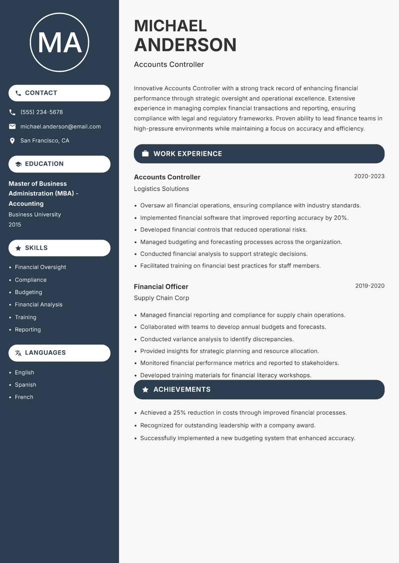 Accounts Controller resume sample — Accounts Controller focus