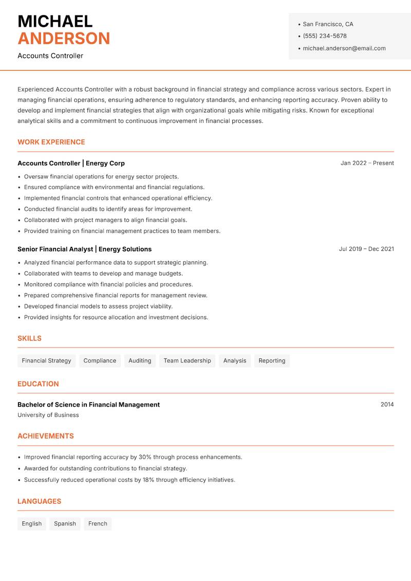 Accounts Controller resume sample — Accounts Controller focus