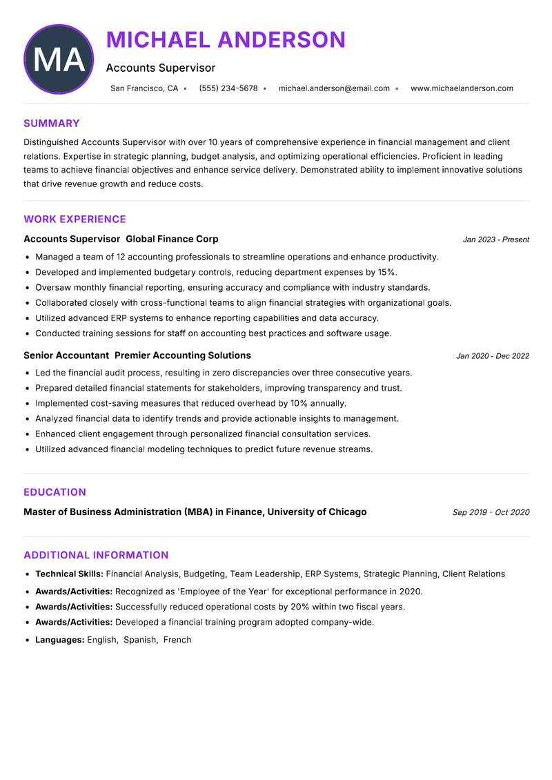 Accounts Supervisor resume example