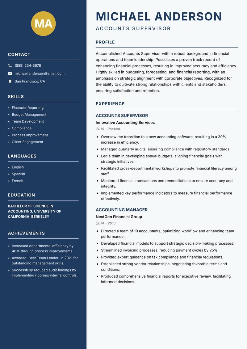 Accounts Supervisor resume sample — Accounts Supervisor focus