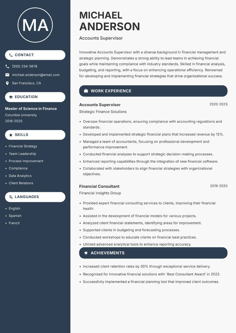 Accounts Supervisor resume sample — Accounts Supervisor focus