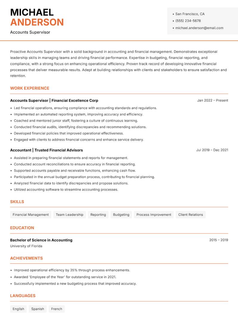 Accounts Supervisor resume sample — Accounts Supervisor focus