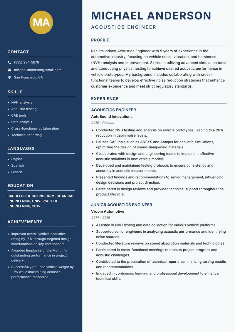 Acoustics Engineer resume sample — Acoustics Engineer focus