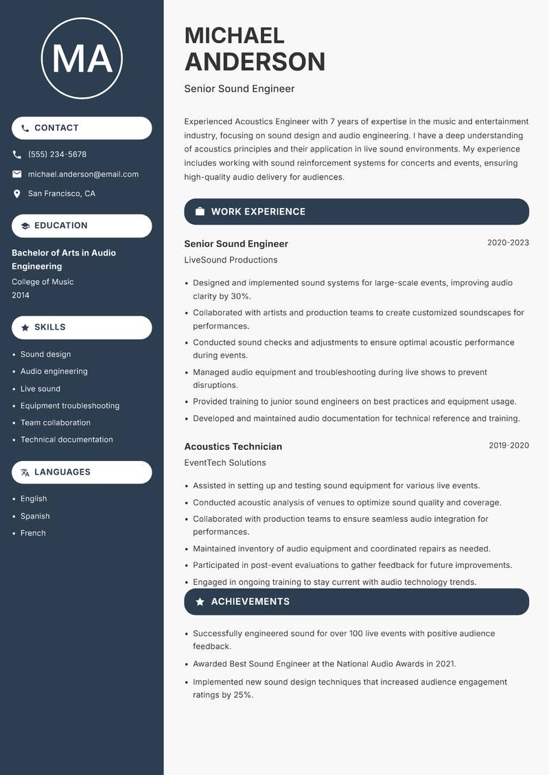 Acoustics Engineer resume sample — Senior Sound Engineer focus