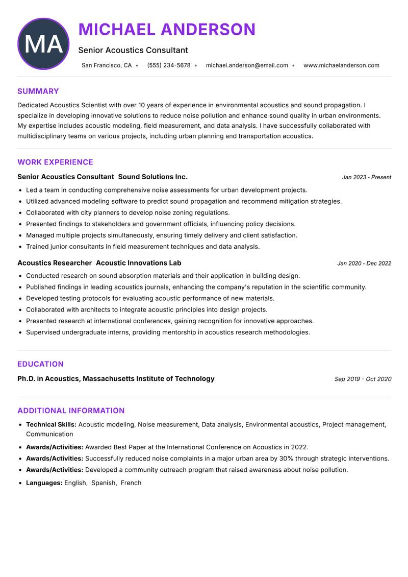 Acoustics Scientist resume example — Physical Sciences