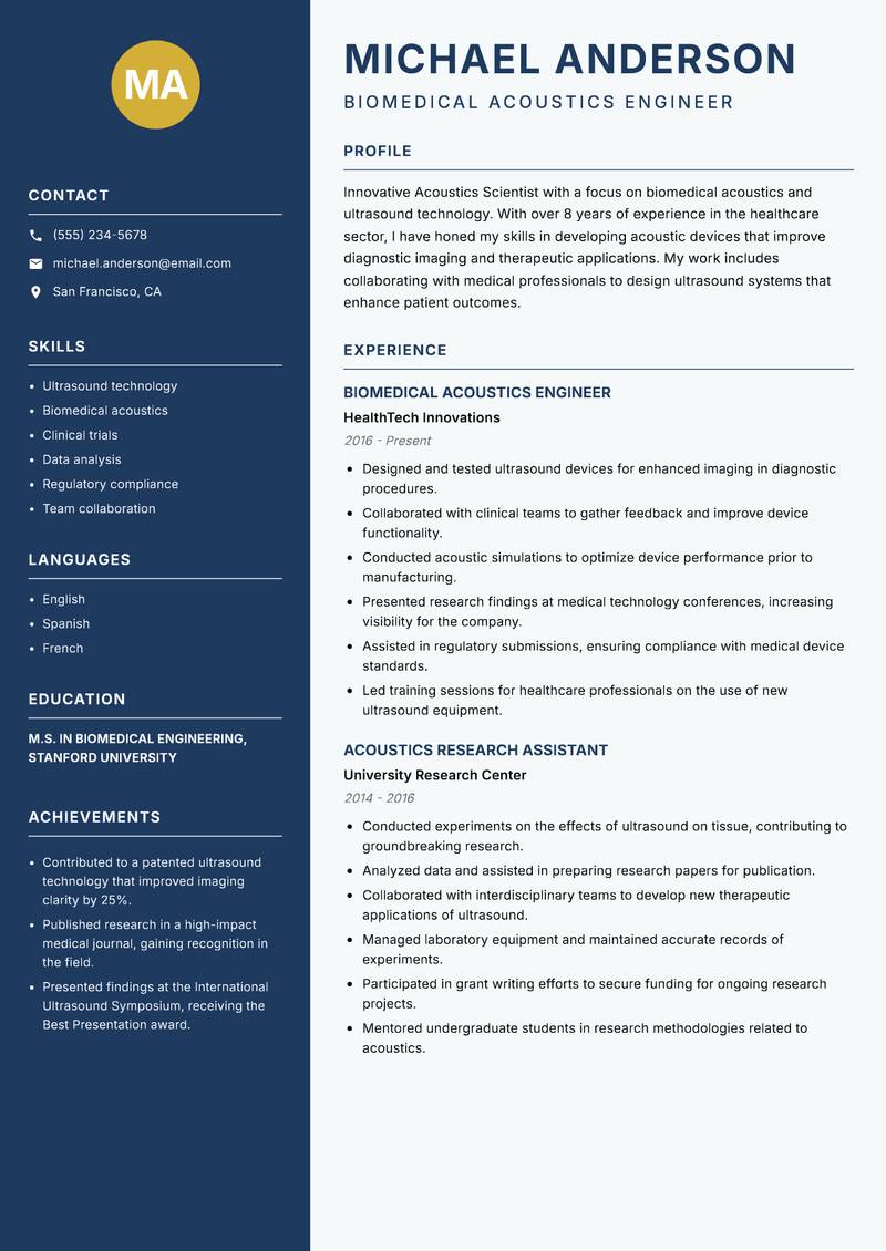 Acoustics Scientist resume sample — Biomedical Acoustics Engineer focus