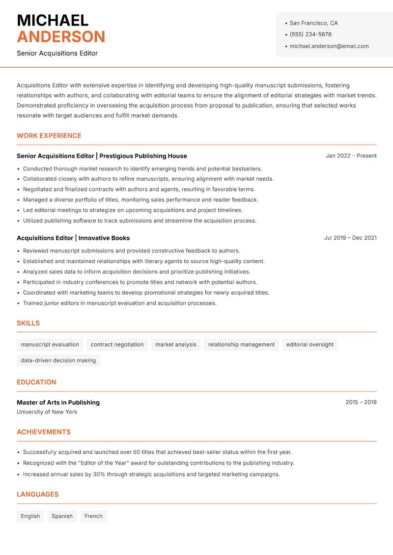 Acquisitions Editor resume sample — Senior Acquisitions Editor focus