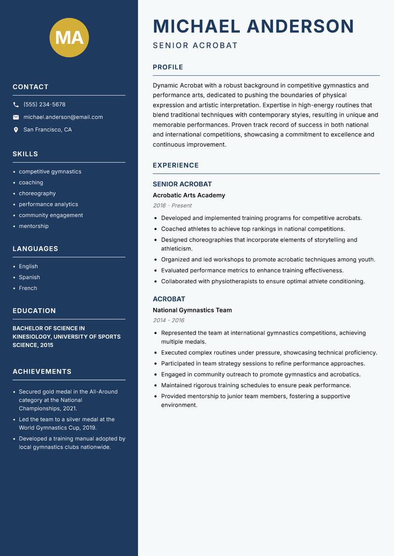 Acrobat resume sample — Senior Acrobat focus