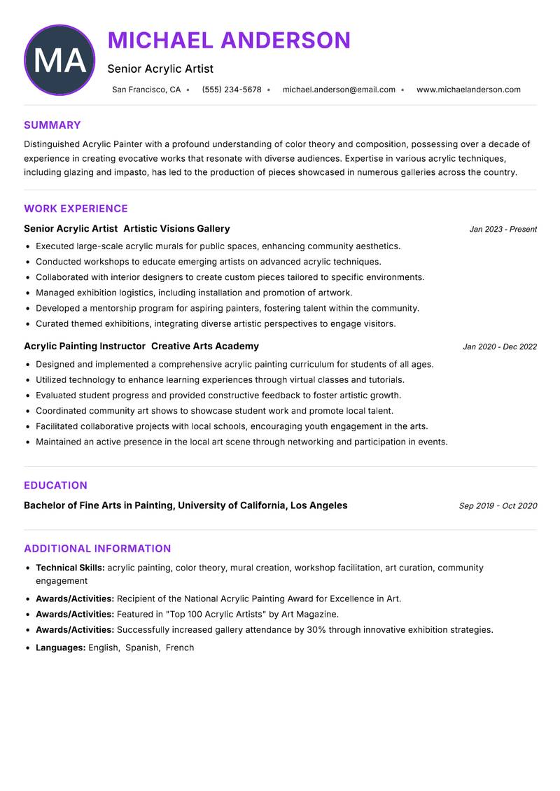 Acrylic Painter resume example