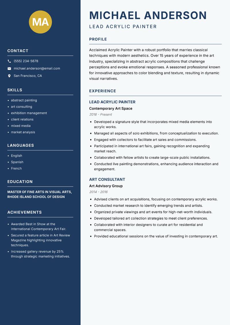 Acrylic Painter resume sample — Lead Acrylic Painter focus