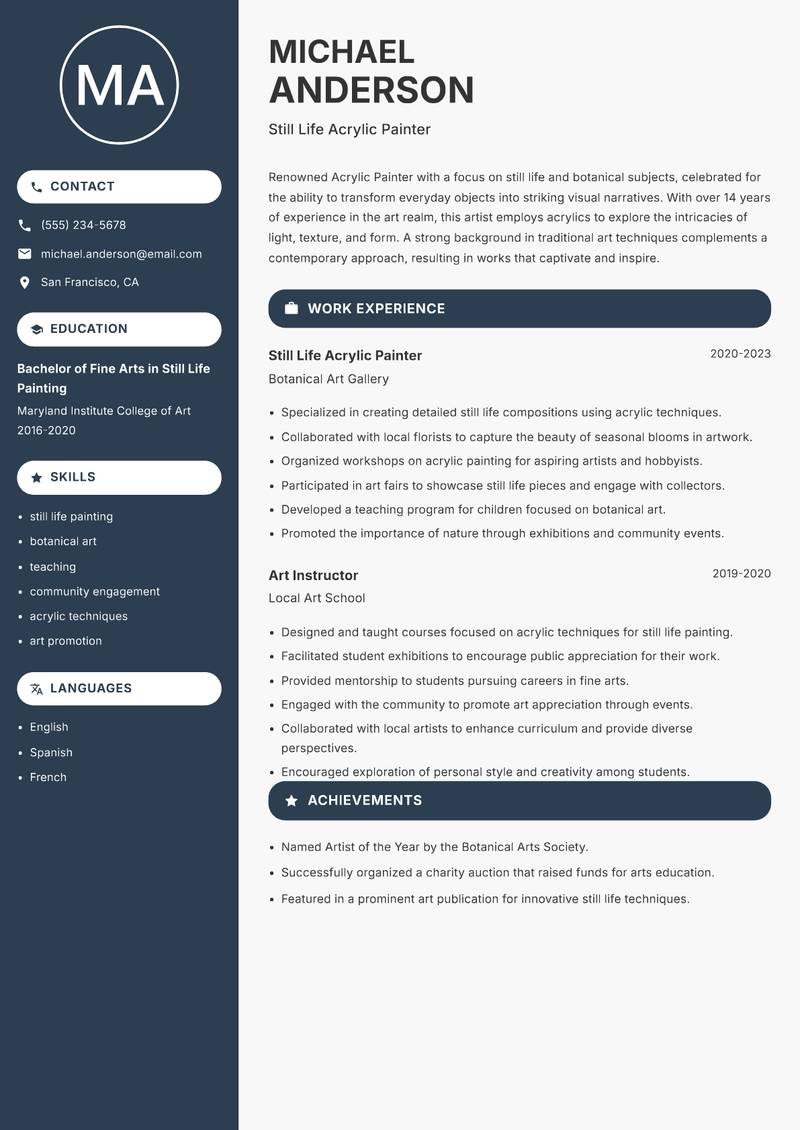 Acrylic Painter resume sample — Still Life Acrylic Painter focus