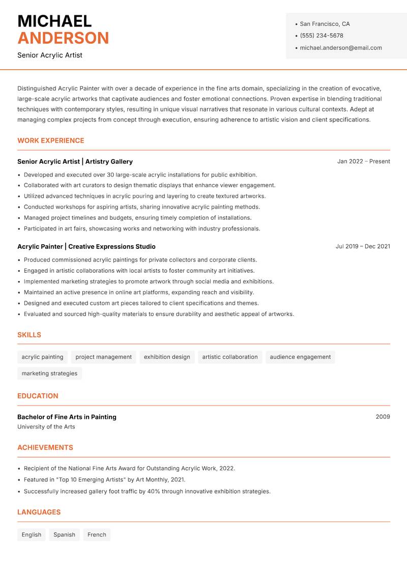 Acrylic Painter resume sample — Senior Acrylic Artist focus