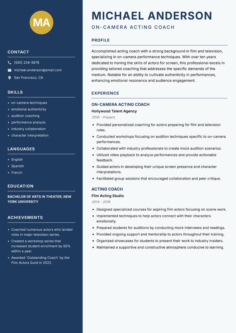 Acting Coach resume sample — On-Camera Acting Coach focus
