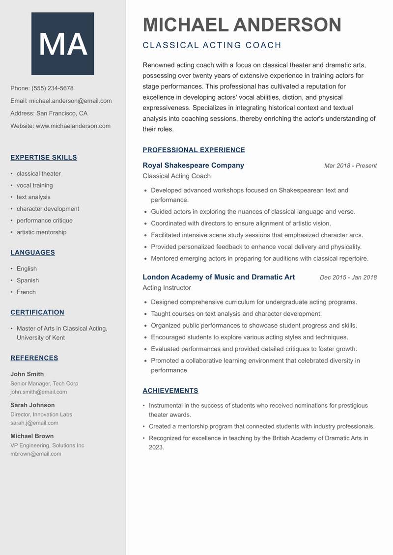 Acting Coach resume sample — Classical Acting Coach focus