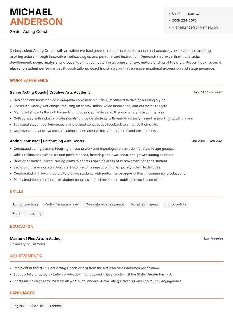 Acting Coach resume sample — Senior Acting Coach focus
