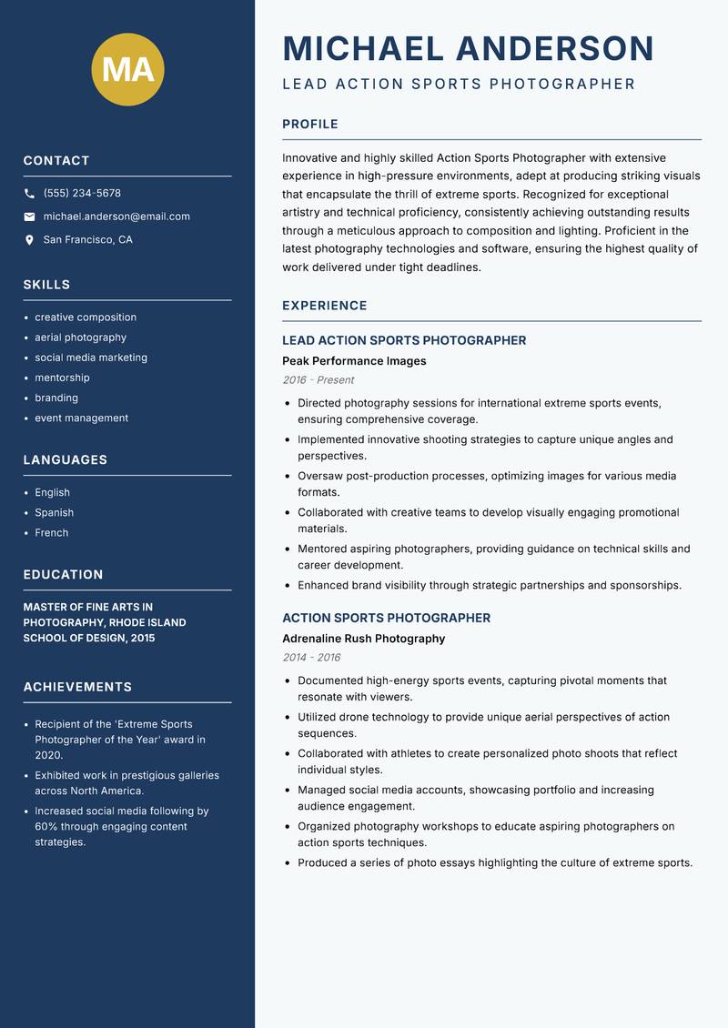 Action Sports Photographer resume sample — Lead Action Sports Photographer focus