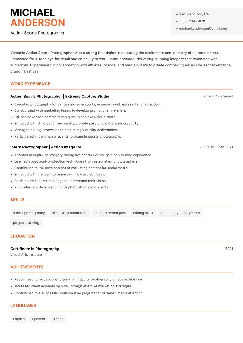 Action Sports Photographer resume sample — Action Sports Photographer focus