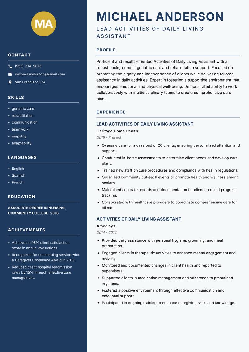 Activities of Daily Living Assistant resume sample — Lead Activities of Daily Living Assistant focus