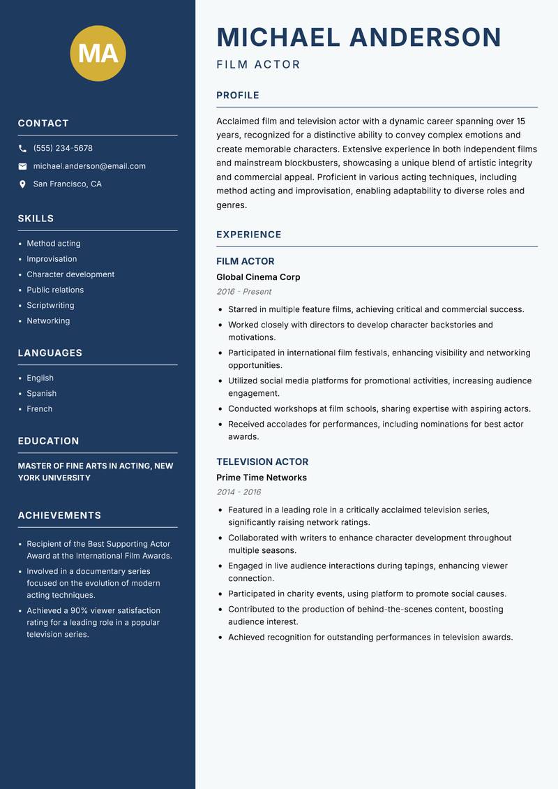 Actor resume sample — Film Actor focus