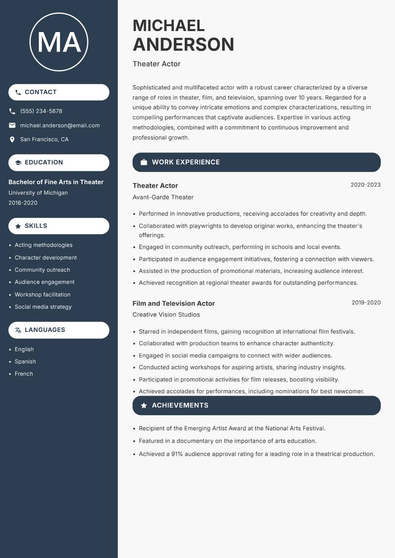 Actor resume sample — Theater Actor focus