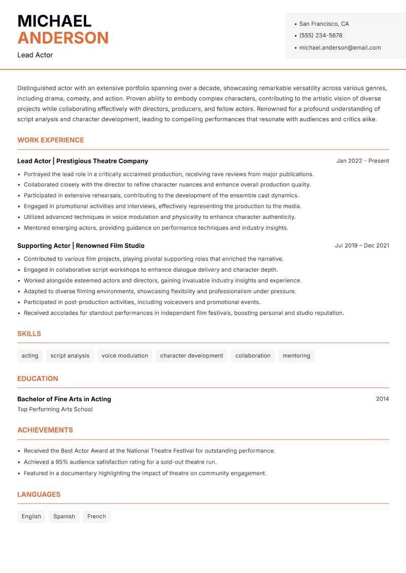 Actor resume sample — Lead Actor focus