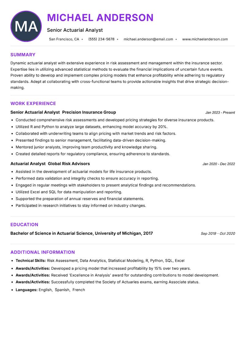 Actuarial Analyst resume example — Insurance