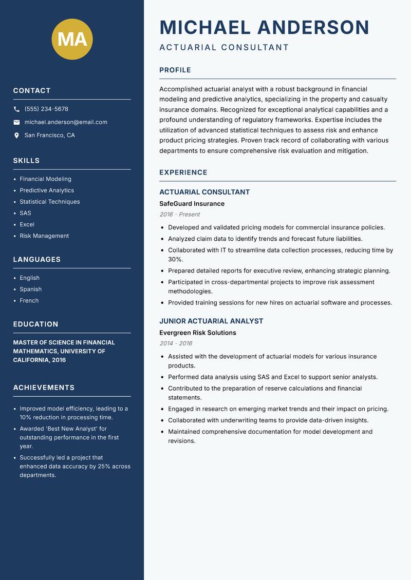 Actuarial Analyst resume sample — Actuarial Consultant focus