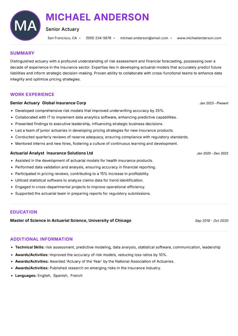 Actuary resume example
