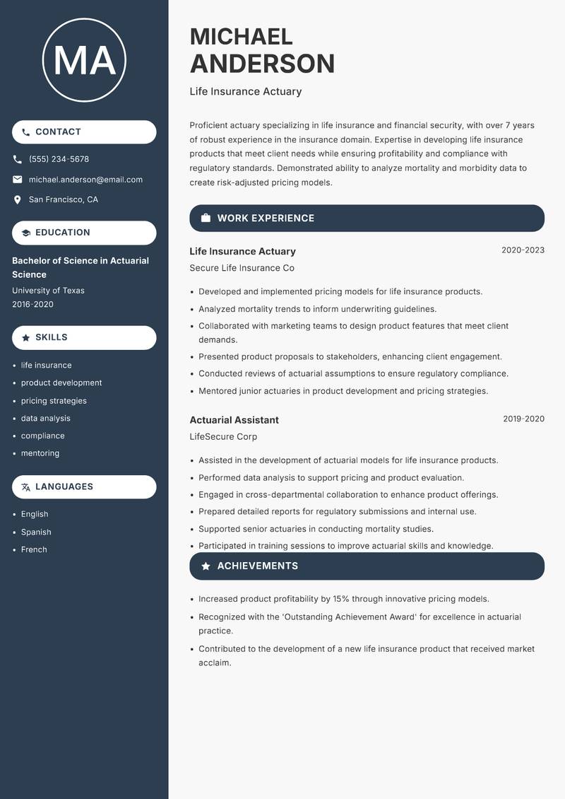 Actuary resume sample — Life Insurance Actuary focus