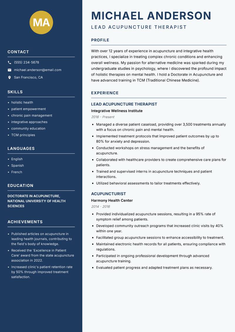 Acupuncture Therapist resume sample — Lead Acupuncture Therapist focus