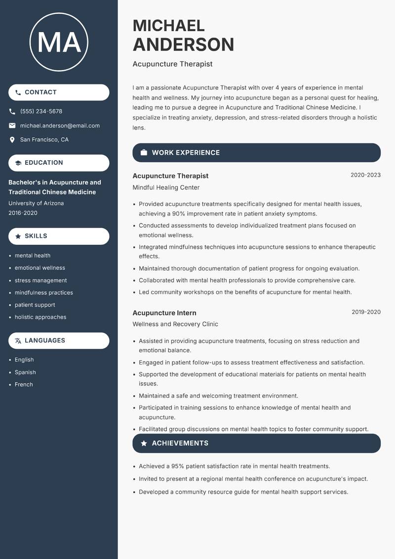 Acupuncture Therapist resume sample — Acupuncture Therapist focus