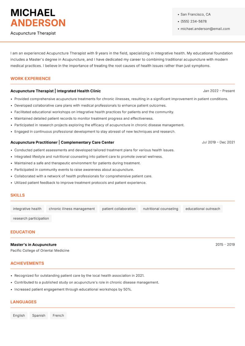 Acupuncture Therapist resume sample — Acupuncture Therapist focus