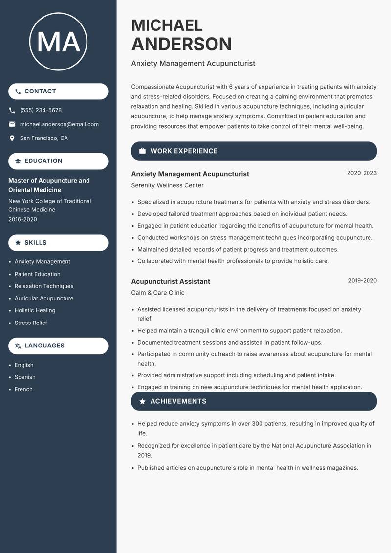 Acupuncturist resume sample — Anxiety Management Acupuncturist focus