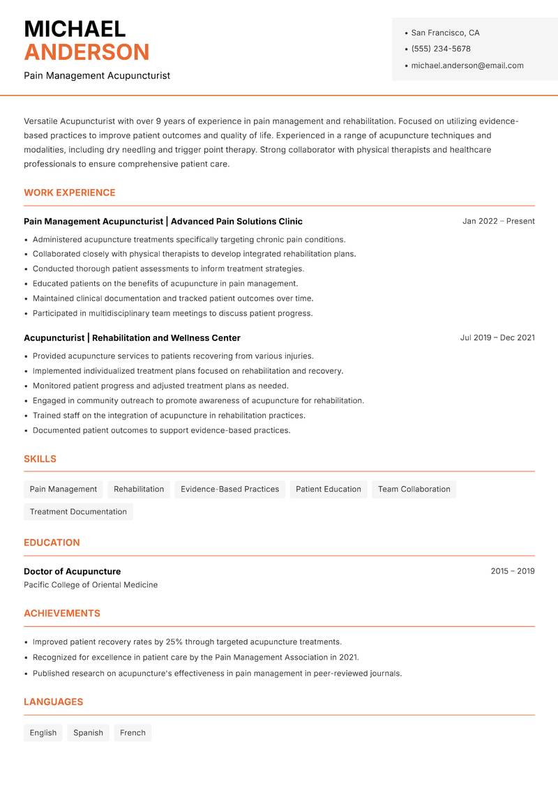 Acupuncturist resume sample — Pain Management Acupuncturist focus