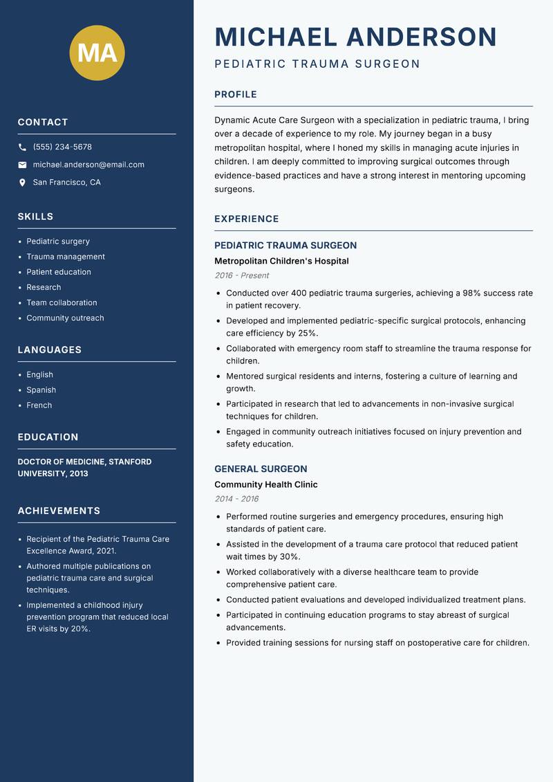 Acute Care Surgeon resume sample — Pediatric Trauma Surgeon focus