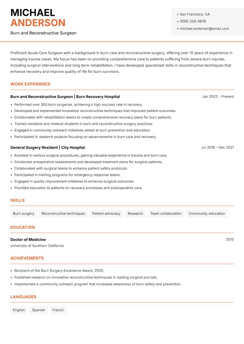Acute Care Surgeon resume sample — Burn and Reconstructive Surgeon focus