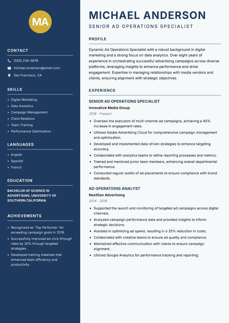 Ad Operations Specialist resume sample — Senior Ad Operations Specialist focus