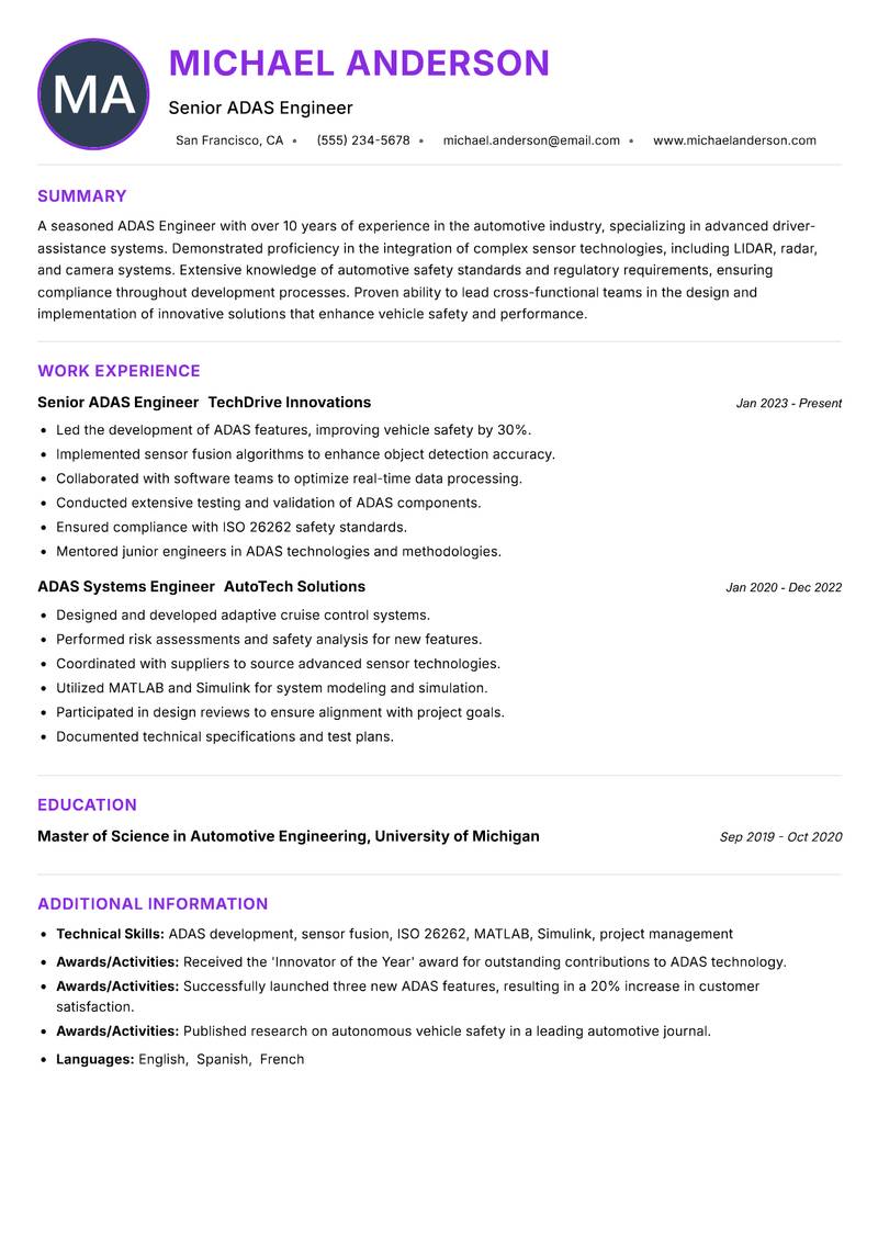ADAS Engineer resume example — Automotive Engineering