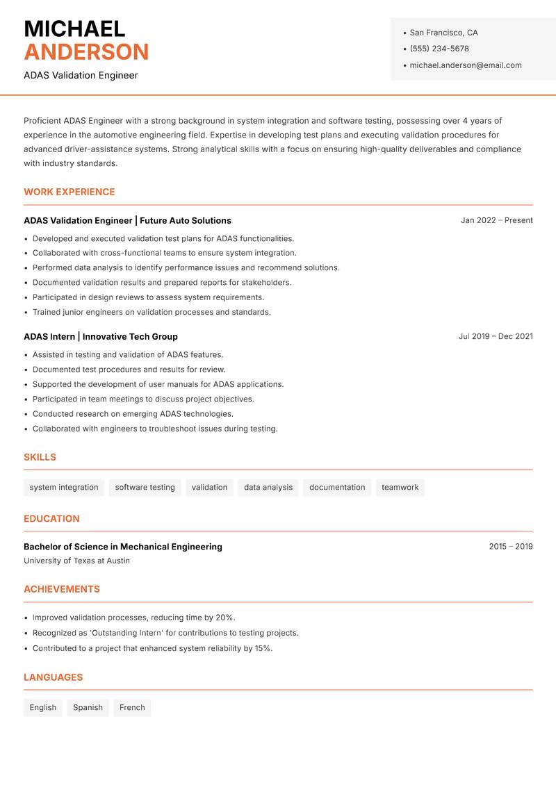 ADAS Engineer resume sample — ADAS Validation Engineer focus