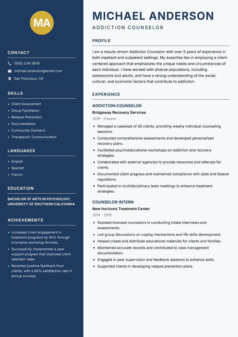 Addiction Counselor resume sample — Addiction Counselor focus