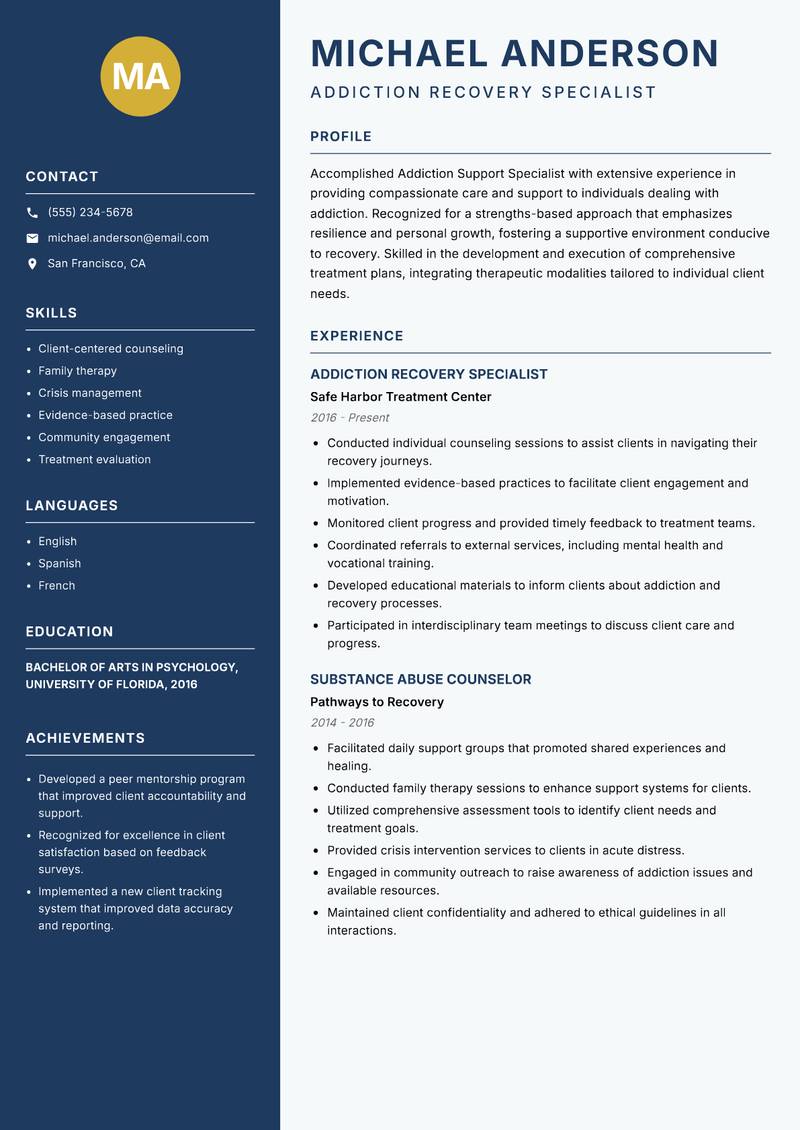 Addiction Support Specialist resume sample — Addiction Recovery Specialist focus
