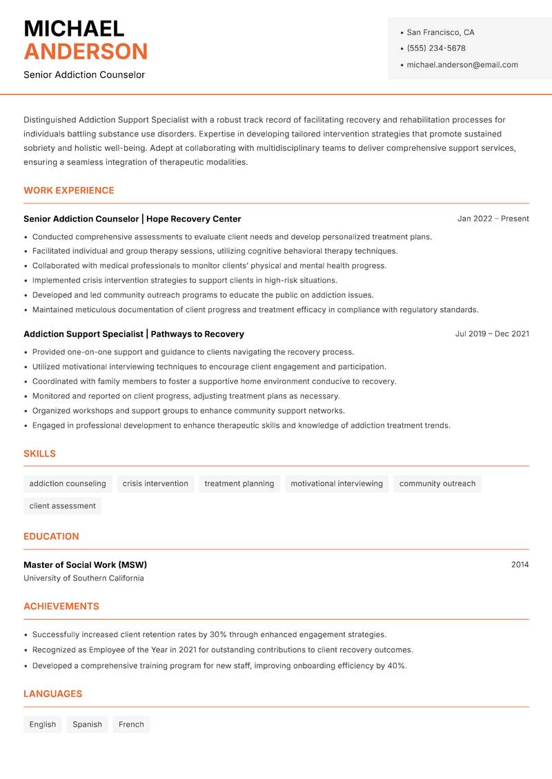 Addiction Support Specialist resume sample — Senior Addiction Counselor focus