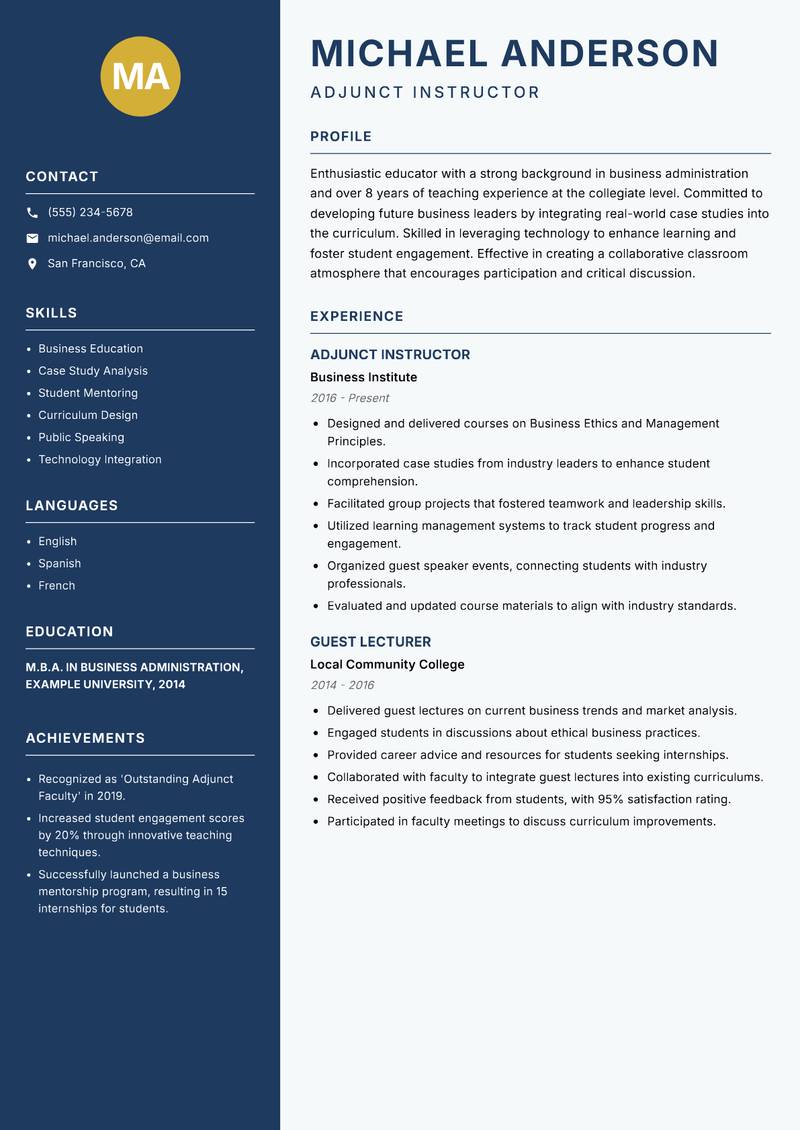 Adjunct Faculty resume sample — Adjunct Instructor focus