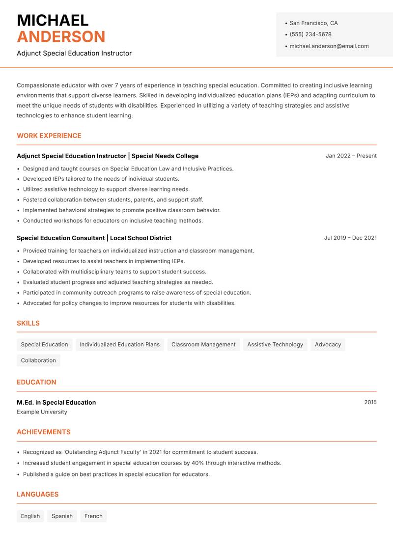 Adjunct Faculty resume sample — Adjunct Special Education Instructor focus