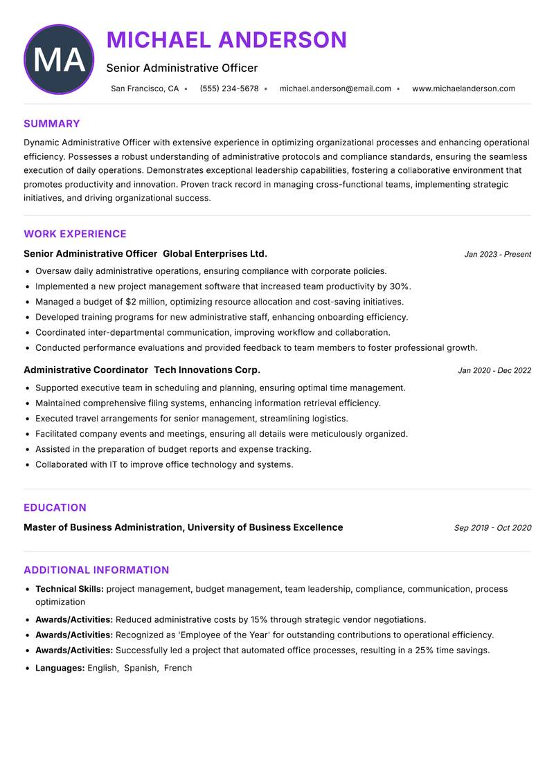 Administrative Officer resume example — Public Administration