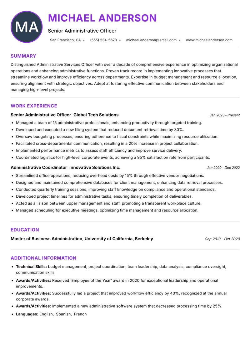Administrative Services Officer resume example